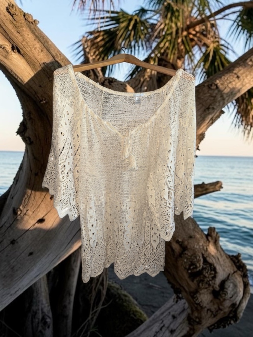 Eberjey Women’s Cream Crochet Beach Cover-Up Tunic Top or Dress Resortwear Boho